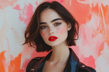 Naklejka premium Vibrant portrait of a model with striking lipstick against a colorful artistic backdrop