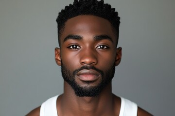 Fototapeta premium Young man with strong features poses confidently against a neutral background