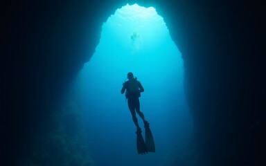 A diver explores an underwater cave, illuminated by soft blue light filtering through the water surface.