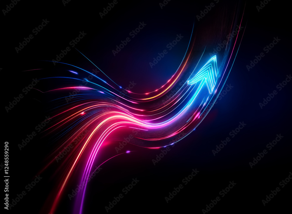 Poster double exposure effect with neon light trails creating a dynamic arrow pointing upwards on a dark ba