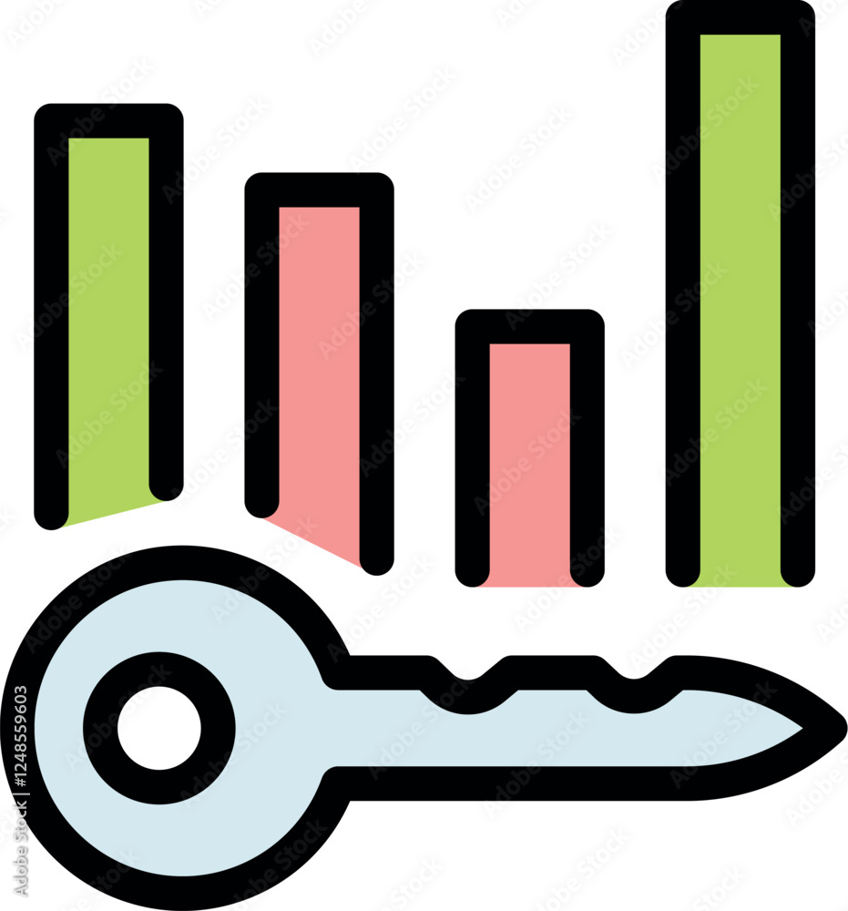 Poster key placed below a growing bar graph chart symbolizing unlocking business success, achieving goals, 