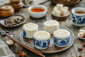 Tea cups and Qingming Festival offerings on rustic table