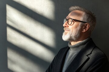 Obraz premium Mature man with glasses gazes thoughtfully while standing against a textured wall with soft light streaming through blinds