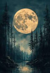 Watercolor fairytale night in the forest with a full moon.