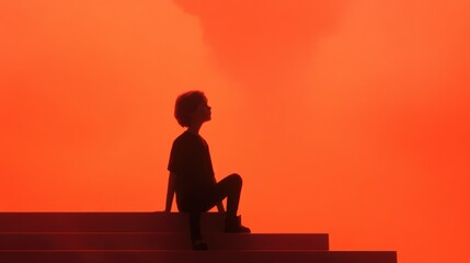 Obraz premium silhouette of a person sitting on steps against an orange background