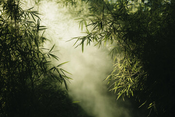 Fototapeta premium Tranquil bamboo forest with soft light and mist during Qingming