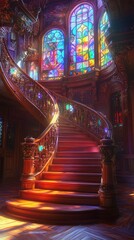 Obraz premium Grand staircase, stained glass, mansion, sunlight, fantasy