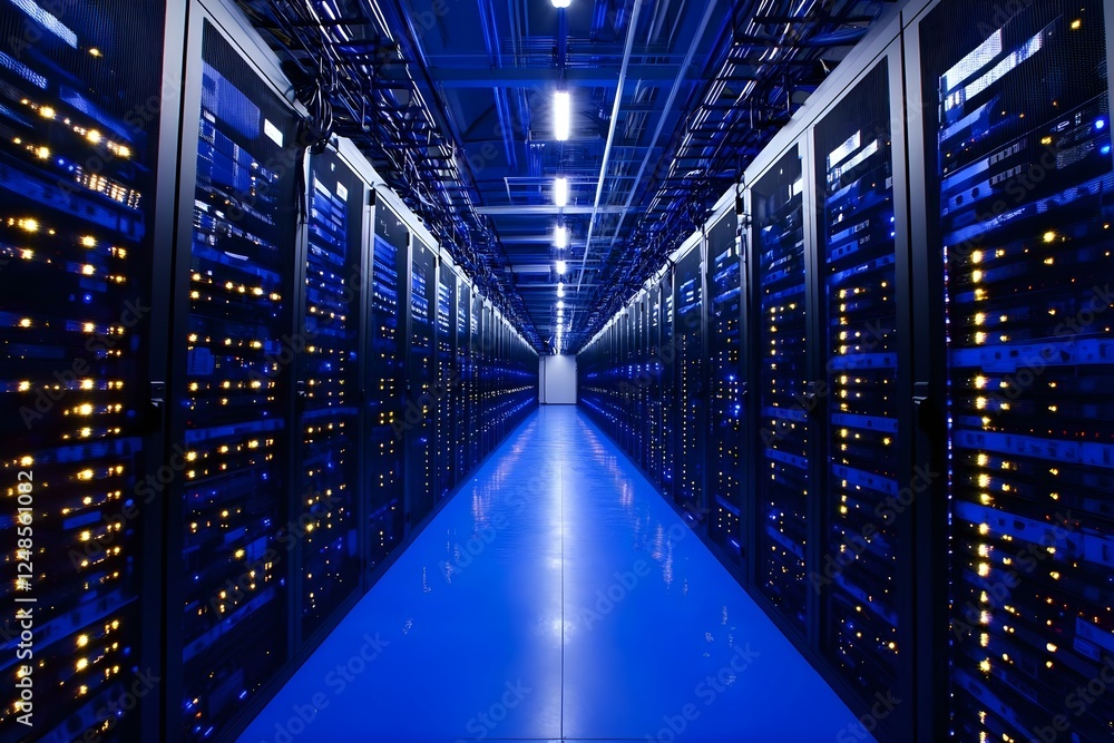 Poster a modern data center with rows of server racks illuminated by blue light, showcasing high-tech compu