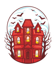 A spooky, dilapidated haunted house at night, illuminated by eerie yellow glowing windows; bats fly around it.