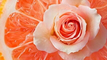 Citrus Bloom: A delicate pink rose blooms amidst a bed of juicy grapefruit segments, creating a vibrant and unexpected fusion of floral and citrus beauty.