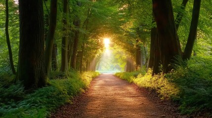 Obraz premium Realistic walkway in a lush green beech forest, Leuven, Belgium--natural tunnel, soft sunlight, serene atmosphere. 