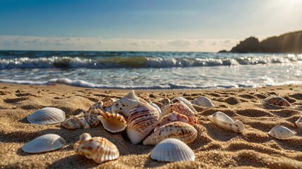 Obraz premium Seashells On Sandy Beach At Sunrise