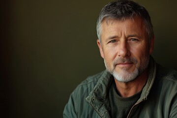 Obraz premium Older man with gray beard and short hair smiles warmly in a soft-lit indoor setting during the day