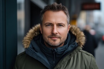 Fototapeta premium Man stands confidently in a stylish winter coat with fur trim, against a city backdrop on a chilly day