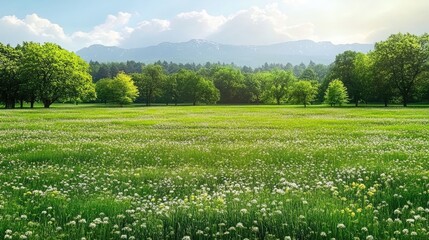 Fototapeta premium Realistic lush green grass meadow, vibrant fresh blades, soft natural lighting.