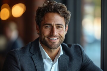 Obraz premium Charismatic man smiles confidently while seated in a well-lit urban cafe during the evening