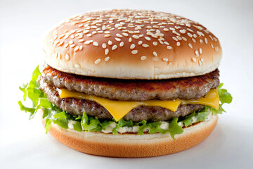 Juicy burger with beef cutlet, cheese and crispy salad, on a white background