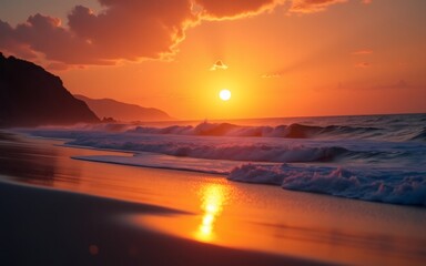 A breathtaking sunset over a tranquil beach, highlighting the waves and reflecting the warm colors of the sky.