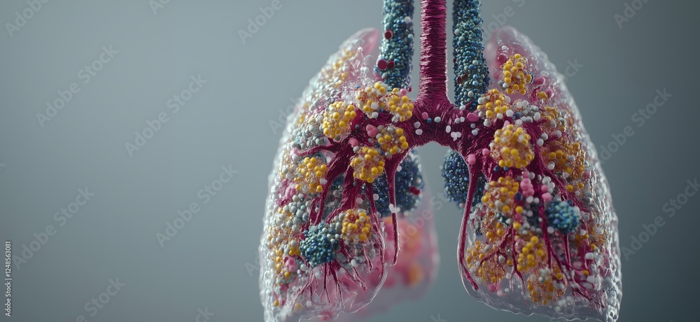 Poster 3d model of human lungs with detailed alveoli structure and colorful particles representing airway f