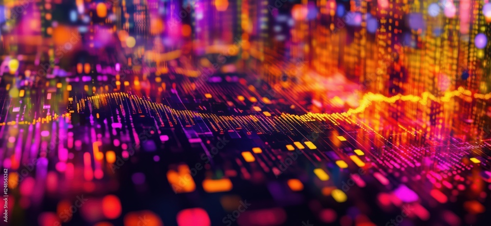 Poster vibrant data visualization with colorful patterns and graphs representing digital information flow, 