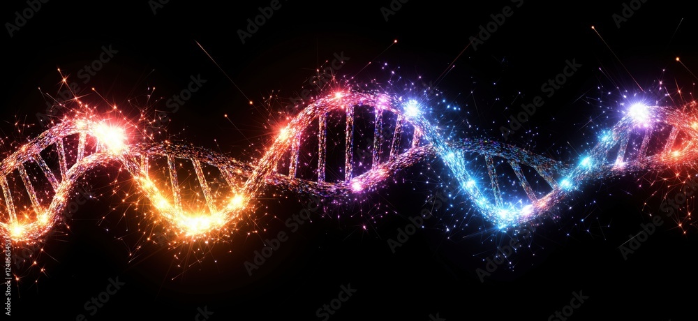 Aufkleber colorful sparkling dna helix representation with vibrant lights and particles, copy space for text