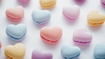 Obraz premium colorful macaroons on a table, heart-shaped pink and red macarons, Valentine's day, dessert