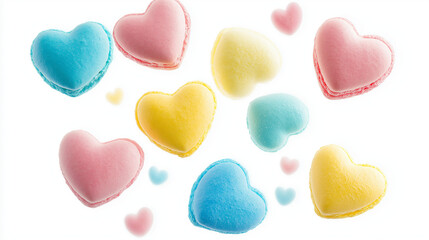 Obraz premium colorful macaroons on a table, heart-shaped pink and red macarons, Valentine's day, dessert