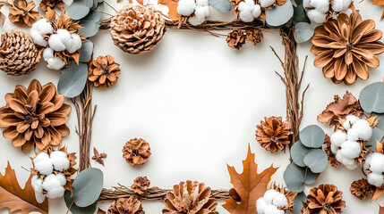 Fototapeta premium Autumnal frame of pine cones, leaves, and cotton