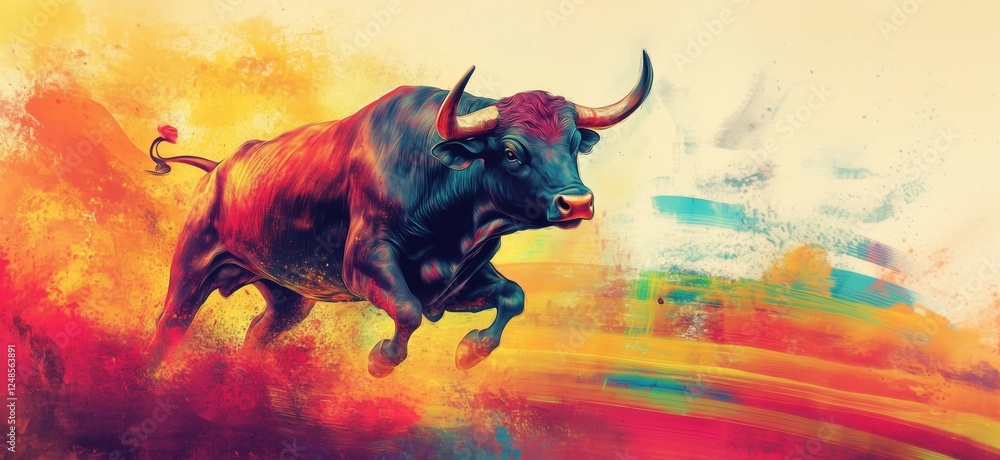 Aufkleber dynamic running bull in vibrant colors with abstract background, copy space for text