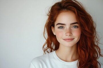 Young woman with vibrant red hair and freckles smiling in a bright, minimalist room during daylight