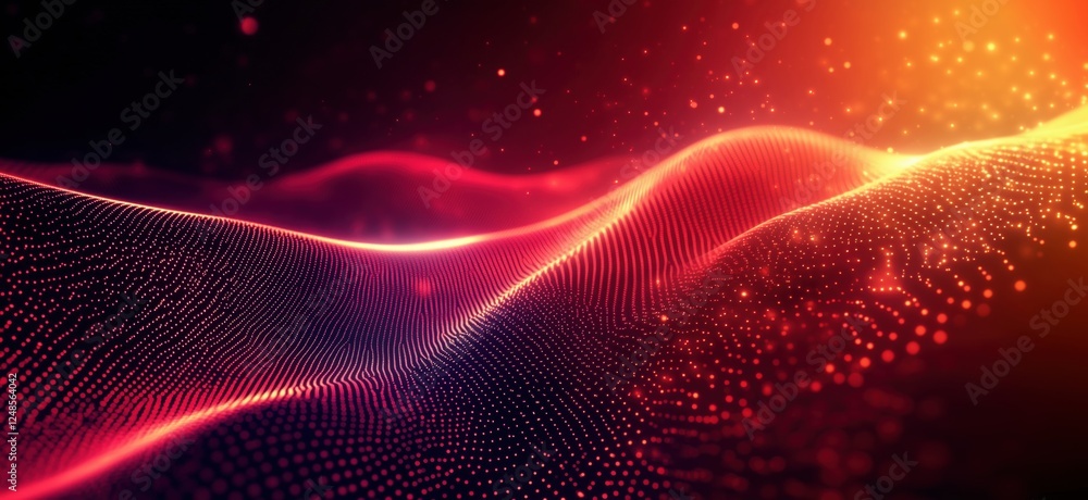 Poster abstract digital wave patterns with glowing red and orange hues, showcasing intricate dot formations