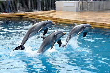 Dolphins performing acrobatics in sunny aquatic show marine park action photography