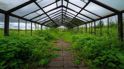 Abandoned greenhouse overrun by lush greenery, showcasing nature reclaiming space under cloudy skies