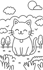Black and white simple line art illustration of a cute cat sitting and smiling, perfect for kids coloring books.