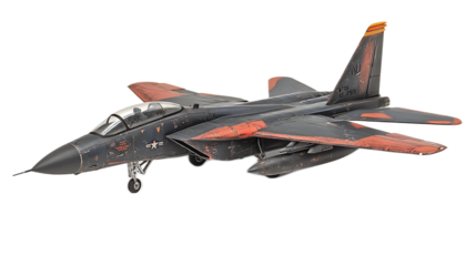 F-15E Strike Eagle: A sleek and powerful F-15E Strike Eagle fighter jet, painted in a dramatic black and orange camouflage scheme, stands ready for action.