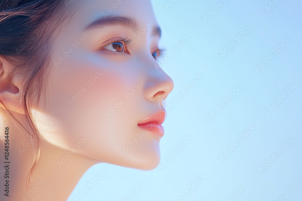 Poster 若くてかわいいアジア人女性モデルの横顔。清潔感があり健やかな美容ポートレート。水色の爽やかな背景。