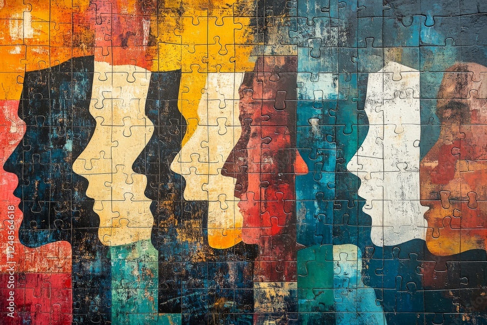 Poster colorful puzzle artwork featuring abstract profiles in various hues and shades displayed on a textur
