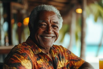 Fototapeta premium Smiling elderly man enjoys a tropical drink at a beachside bar during a sunny day