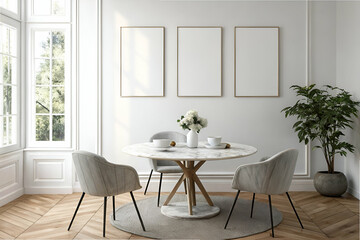 A modern dining area featuring a round marble table, stylish chairs, and large windows, creating a bright and inviting atmosphere.