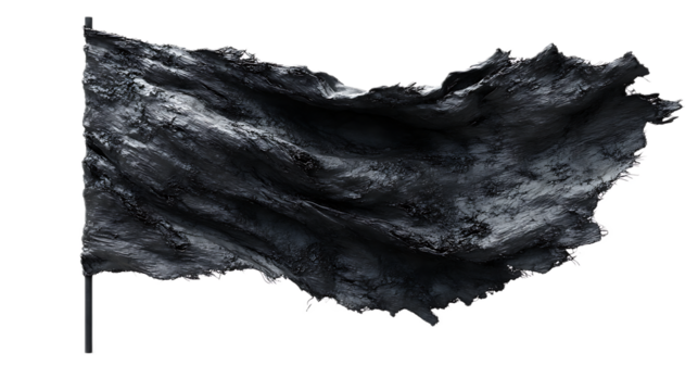 Black Flag Waving: A tattered black flag billows in the wind, its stark silhouette a powerful symbol of rebellion, defiance, and surrender.