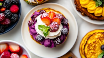 Fototapeta premium Delicious and healthy gourmet breakfast. Thin pancakes with fruits, berries and flowers.