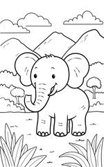 Black and white simple line art illustration of a cute Elephant smiling, perfect for kids coloring books.