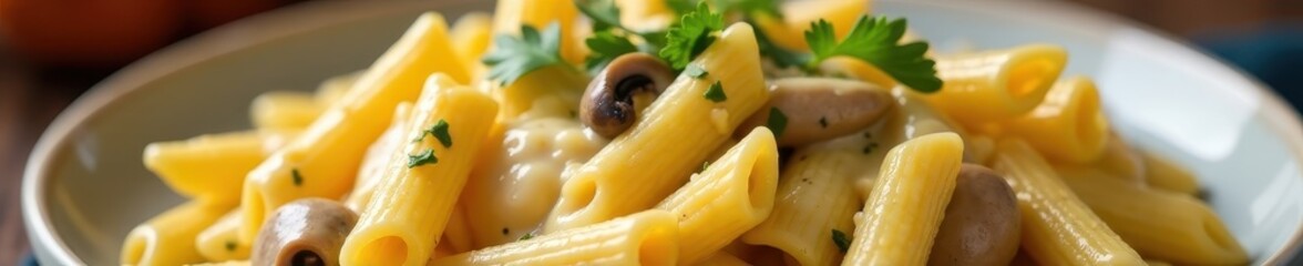 Creamy cheese sauce coats penne pasta, chicken, and mushrooms , pasta dish, sauce