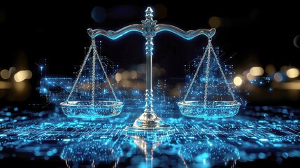 Digital Scales of Justice: Exploring themes of law, balance, and digital transformation in a futuristic setting.  A symbolic artwork representing equity and fairness in the modern age.