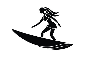 A silhouette vector illustration of a female surfer riding a wave.eps