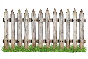Fototapeta premium Weathered wooden picket fence with green grass in front against a white background, simple and rustic style.