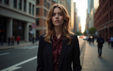 Obraz premium A stylish woman stands confidently on a city street, framed by tall buildings and golden evening light.