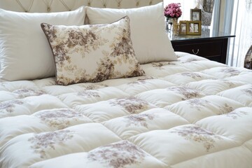 Closeup of Fresh Bed Comforter Adorned with Decorative Pillows in a Modern Bedroom