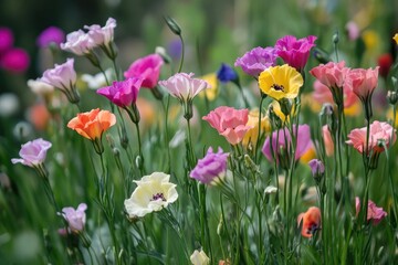 Obraz premium Colorful Blossoms of Lisianthus in a Vibrant Garden Flowerbed