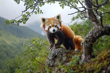Red panda climbing tree forest wildlife photography natural habitat close-up nature